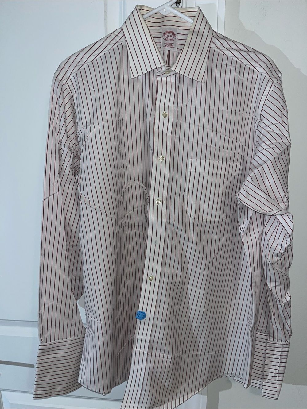 Brooks Brothers White Red Stripe Non Iron French Cuff business shirt 16 x 34